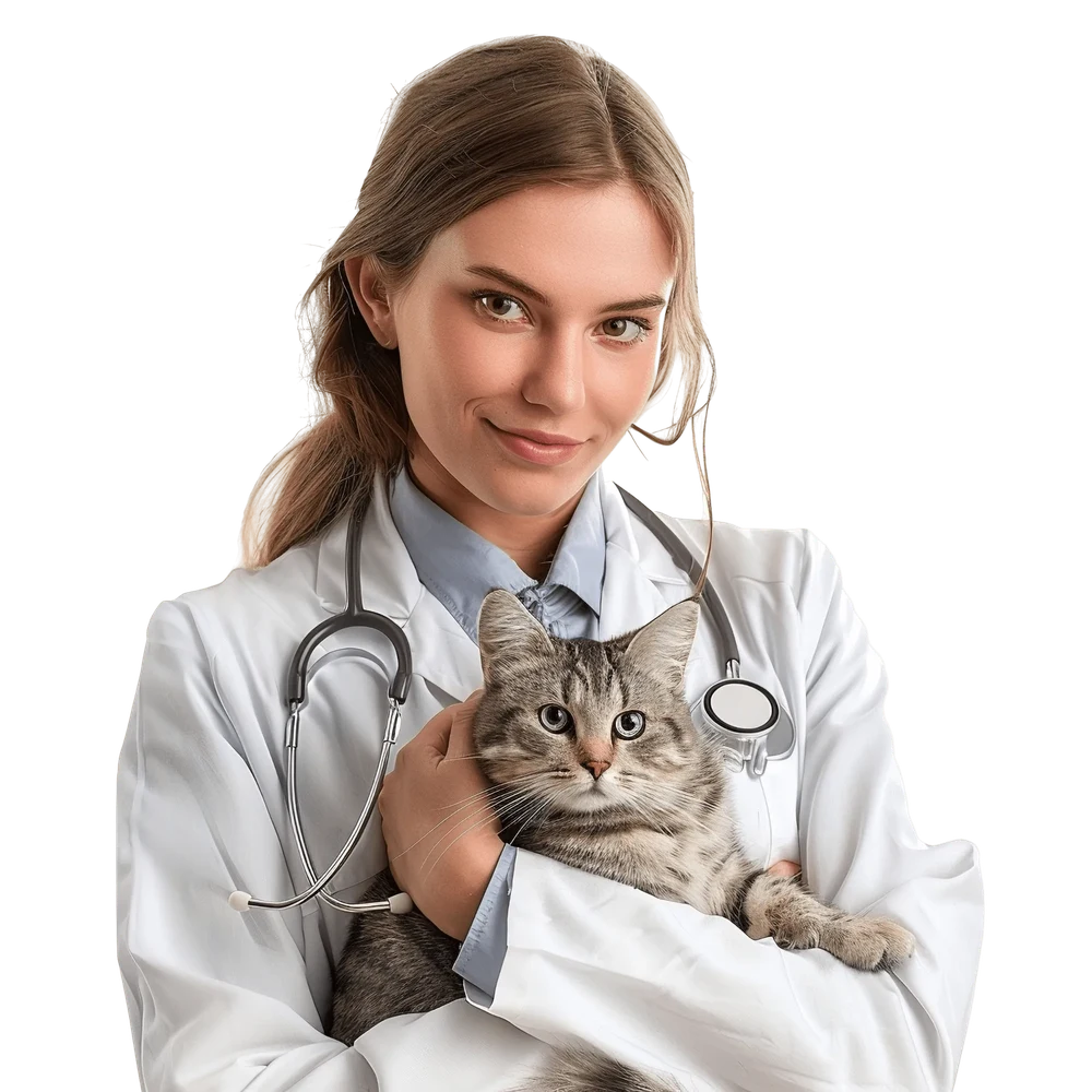 Veterinária sorrindo com um gato no colo
